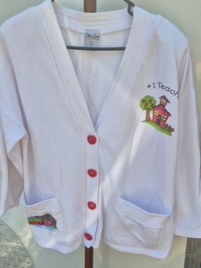 Vintage Ladies  White Teacher Cardigan with Red Accent Buttons